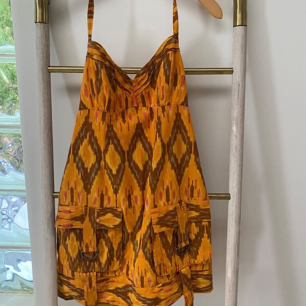 Nanette Lepore Womens Abstract Halter Back Tie Front Pocket Dress Orange Sz 4